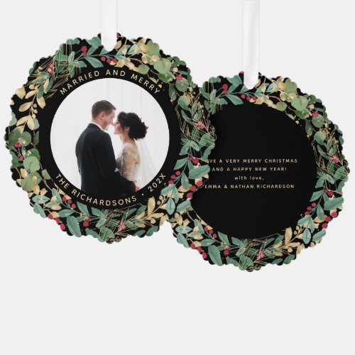 Gilded Greenery Black  Married and Merry Photo Ornament Card