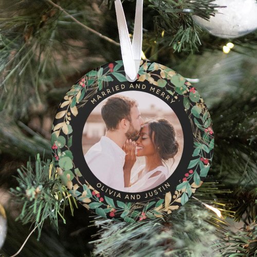 Gilded Greenery Black Married and Merry Two Photo Ornament