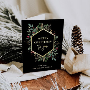 Gilded Greenery Black   Merry Christmas Gold Foil Holiday Card