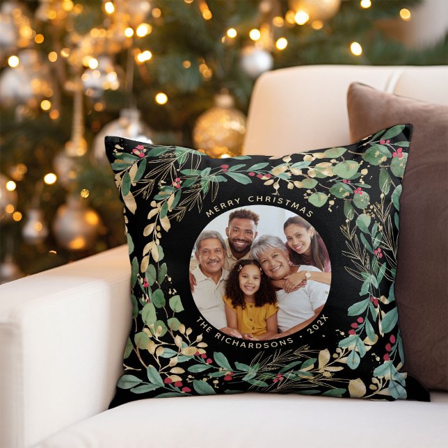 Gilded Greenery Black | Merry Christmas with Photo Throw Pillow (An elegant, modern pillow for the holidays with faux gold accents and your family photo)