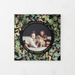 Gilded Greenery Black Multi Photo Christmas Tri-Fold Holiday Card