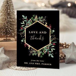 Gilded Greenery Black Photo Christmas Wedding Letterpress Thank You Card