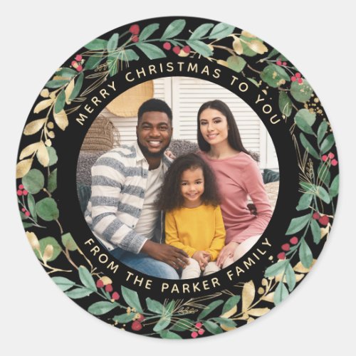 Gilded Greenery Black  Wreath and Photo Christmas Classic Round Sticker