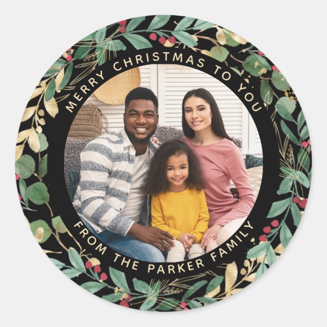 Gilded Greenery Black | Wreath and Photo Christmas Classic Round Sticker (Front)