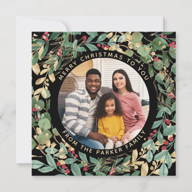 Gilded Greenery Black | Wreath and Photo Christmas Holiday Card (Front)