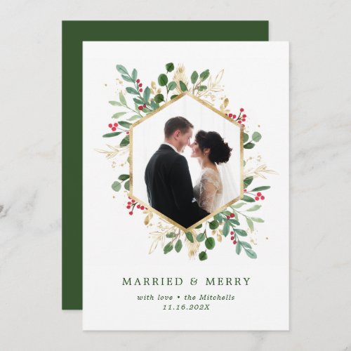 Gilded Greenery Geometric Married and Merry Photo Holiday Card