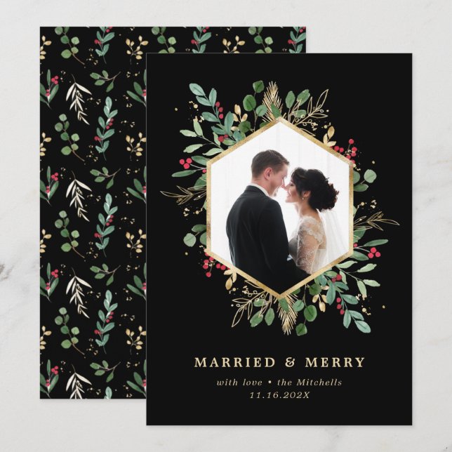 Gilded Greenery Geometric Married and Merry Photo Holiday Card (Front/Back)