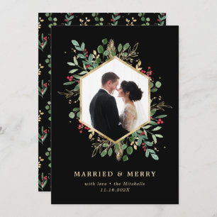 Gilded Greenery Geometric Married and Merry Photo Holiday Card