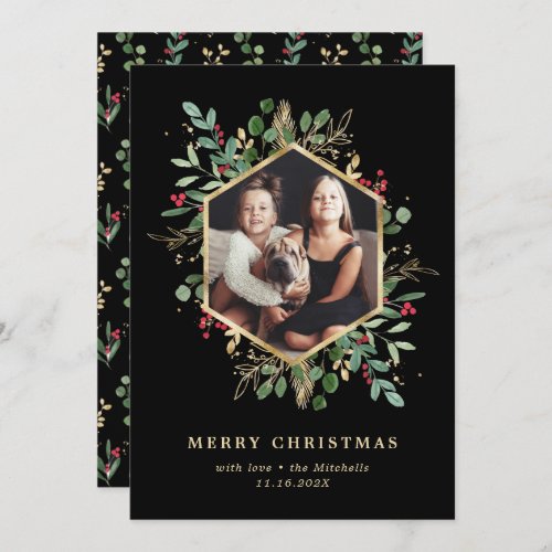 Gilded Greenery Geometric on Black Christmas Photo Holiday Card