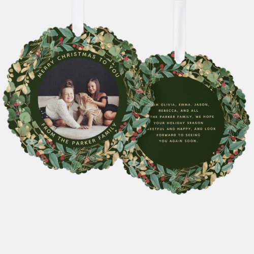 Gilded Greenery Green  Family Photo Christmas Ornament Card