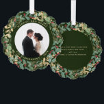 Gilded Greenery Green | Married and Merry Photo Ornament Card<br><div class="desc">This gorgeous newlyweds holiday ornament card features a lush, festive wreath of gold leaves, Christmas greenery, and red holly berries on a modern green background. Your personal wedding photo goes in the center along with the words "Married and Merry", and there is even a spot for your name and the...</div>