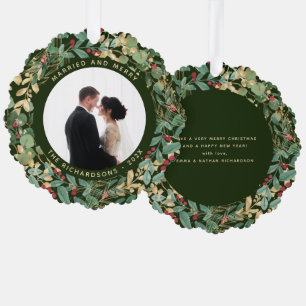 Gilded Greenery Green   Married and Merry Photo Ornament Card