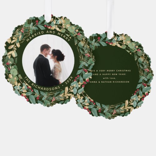 Gilded Greenery Green  Married and Merry Photo Ornament Card