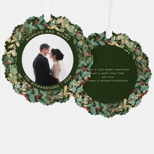 Gilded Greenery Green | Married and Merry Photo Ornament Card (Front/Back)