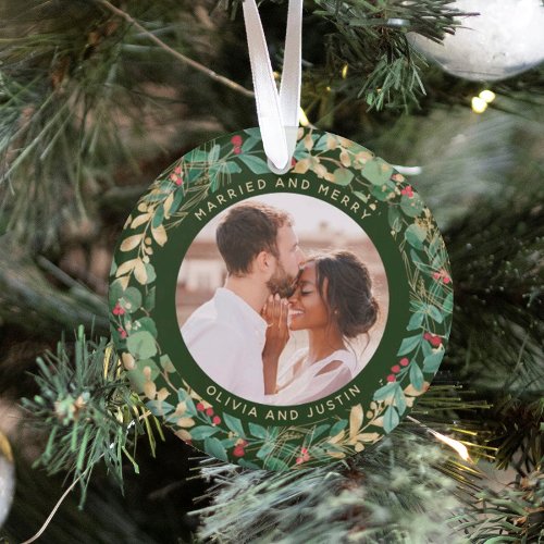 Gilded Greenery Green Married and Merry Two Photo Ornament