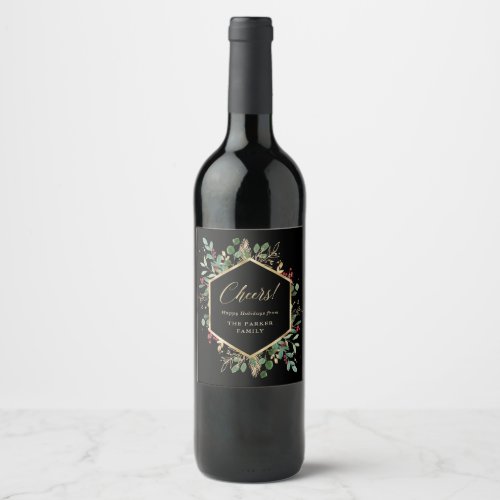 Gilded Greenery on Black  Christmas Cheers Wine Label