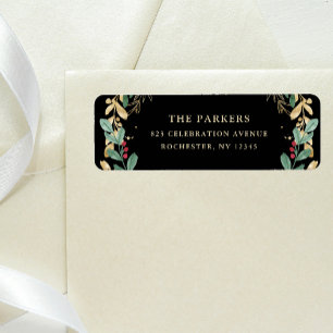 Gilded Greenery on Black Christmas Return Address Label