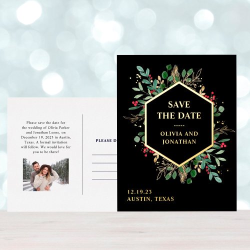 Gilded Greenery on Black  Christmas Save the Date Foil Invitation Postcard