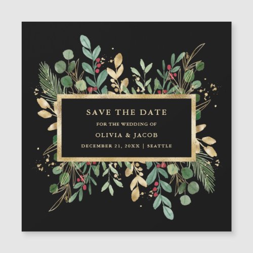 Gilded Greenery on Black  Christmas Save the Date Magnetic Invitation