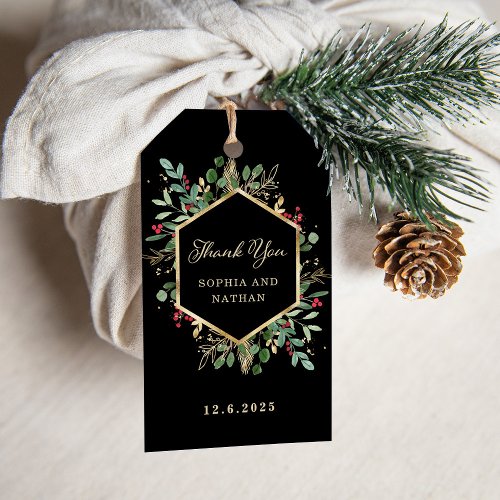 Gilded Greenery on Black  Christmas Thank You Gift Tags