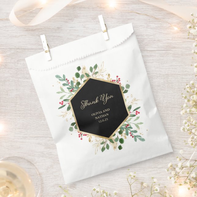 Gilded Greenery on Black | Christmas Wedding Favor Bag (Clipped)