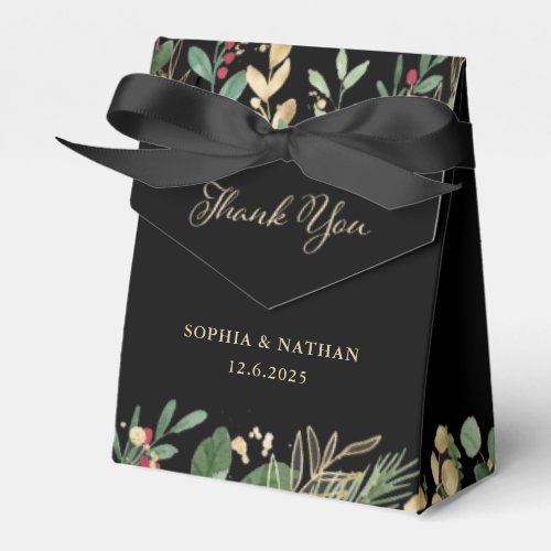 Gilded Greenery on Black  Christmas Wedding Favor Boxes