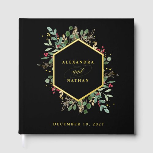 Gilded Greenery on Black  Christmas Wedding Gold Foil Guest Book