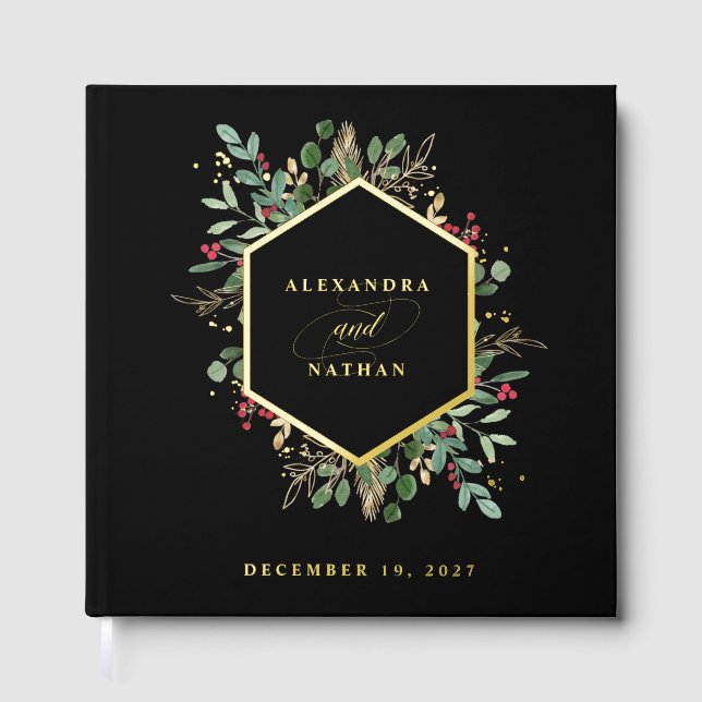Gilded Greenery on Black | Christmas Wedding Gold Foil Guest Book (Front)