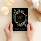 Gilded Greenery on Black | Christmas Wedding Invitation