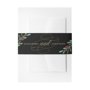 Gilded Greenery on Black   Christmas Wedding Invitation Belly Band