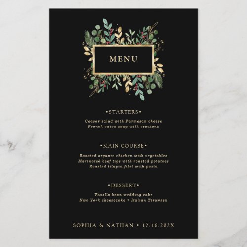 Gilded Greenery on Black  Christmas Wedding Menu Flyer