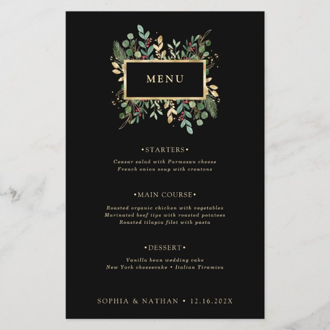 Gilded Greenery on Black | Christmas Wedding Menu Flyer (Front)