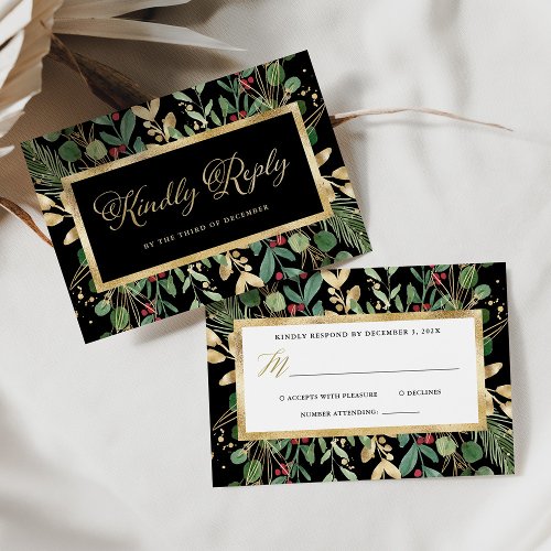 Gilded Greenery on Black  Christmas Wedding RSVP Card