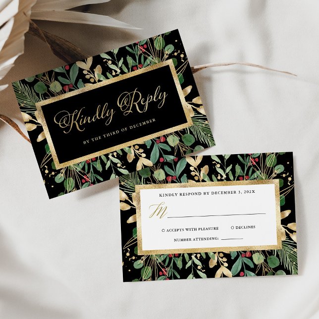 Gilded Greenery on Black | Christmas Wedding RSVP Card (Creator Uploaded)