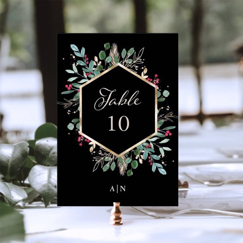 Gilded Greenery on Black  Christmas Wedding Table Number