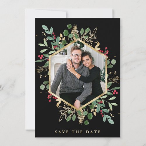 Gilded Greenery on Black  Geometric Photo Holiday Save The Date