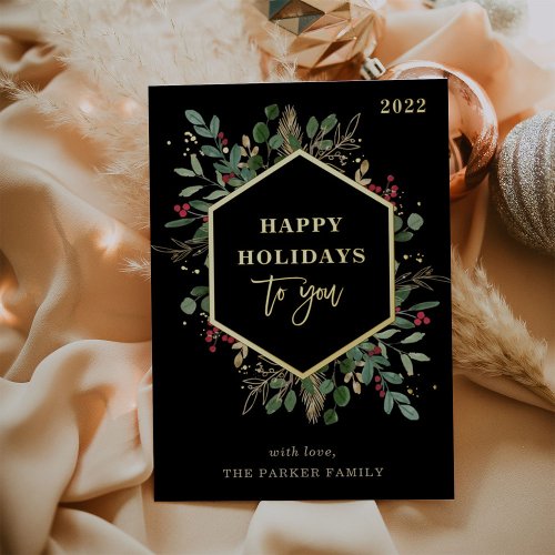 Gilded Greenery on Black  Happy Holidays Gold Foil Holiday Card