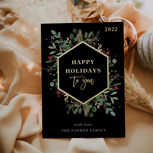 Gilded Greenery on Black | Happy Holidays Gold Foil Holiday Card (Creator Uploaded)