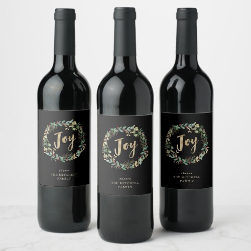 Gilded Greenery on Black  Joy Wine Label