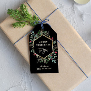 Gilded Greenery on Black   Merry Christmas Gift Tags