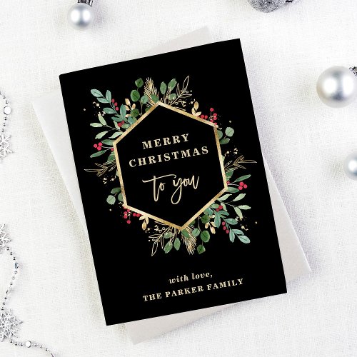 Gilded Greenery on Black  Merry Christmas Holiday Card