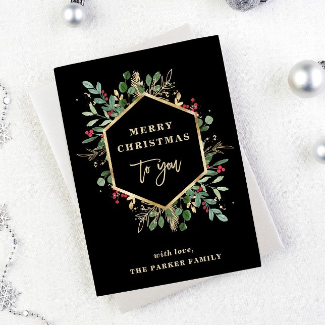 Gilded Greenery on Black | Merry Christmas Holiday Card (Creator Uploaded)
