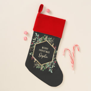 Gilded Greenery on Black   Merry Christmas Stocking