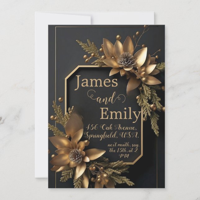 Gilded Greenery on Black | Wedding invitation (Front)