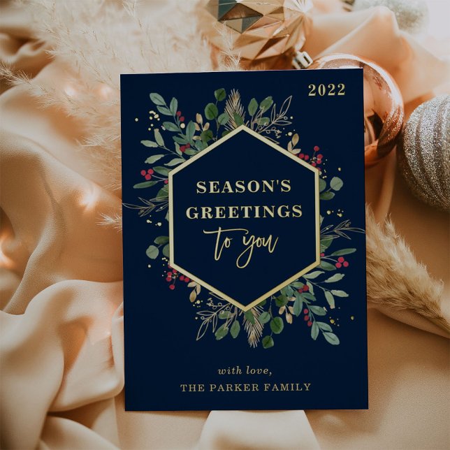 Gilded Greenery on Navy Blue | Seasons Greetings Foil Holiday Card (Creator Uploaded)