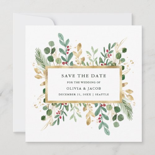 Gilded Greenery on White  Christmas Holiday Photo Save The Date