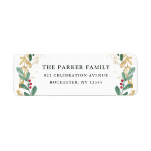 Gilded Greenery on White Christmas Return Address Label