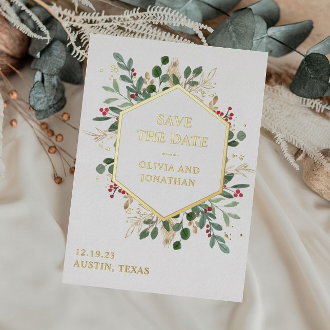 Gilded Greenery on White | Christmas Save the Date Foil Invitation Postcard (Creator Uploaded)
