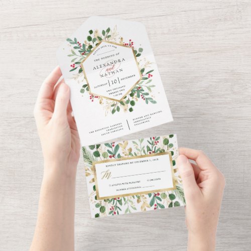 Gilded Greenery on White  Christmas Wedding All In One Invitation
