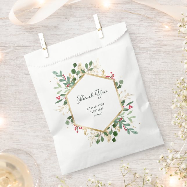 Gilded Greenery on White | Christmas Wedding Favor Bag (Clipped)